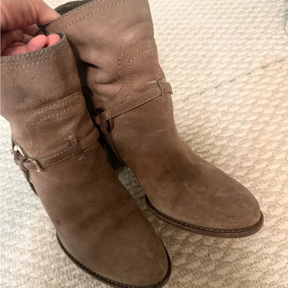 Christian Dior Taupe Suede Mid-Calf Heeled Boot with Gold Accent - Picture 3 of 6